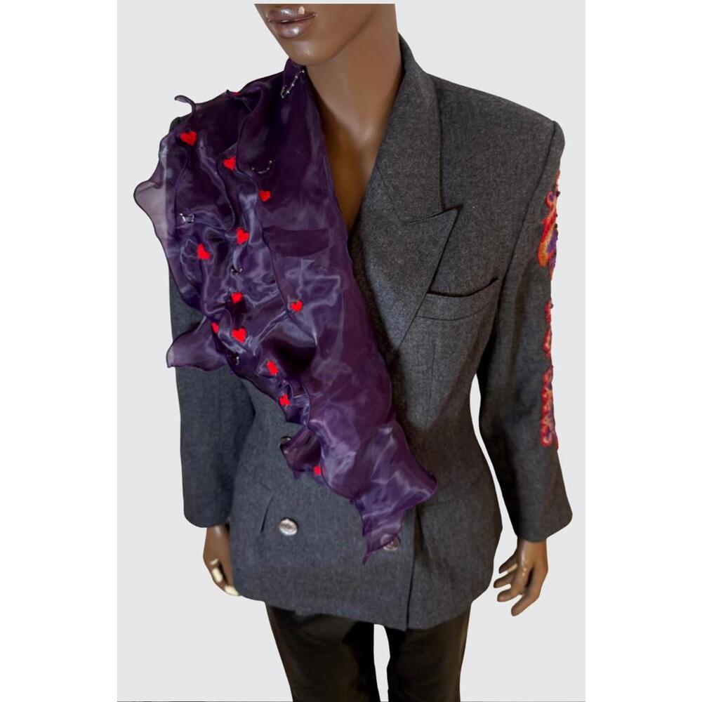Vintage grey blazer DIY ART PROJECT with Embroidery and ruffle detail size M - Picture 4 of 9